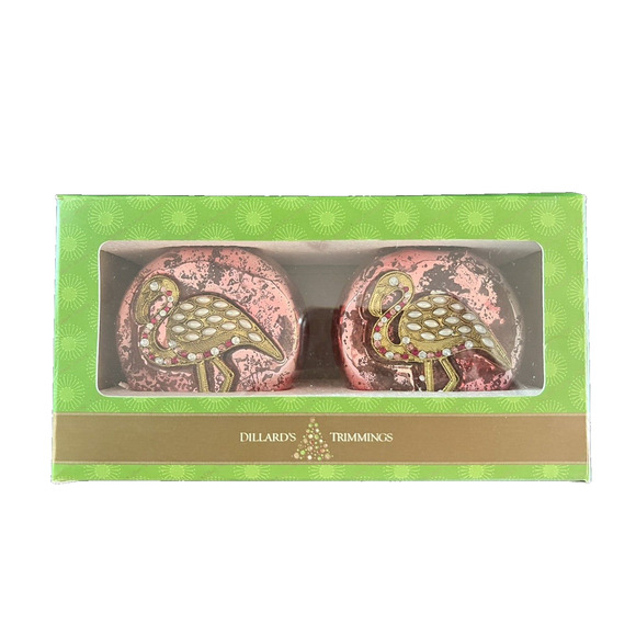 NIB PINK Flamingo Faux Pearl Jeweled Glass Quality Christmas Tree 2 Ornaments - Picture 1 of 6